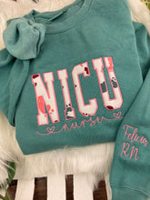 Load image into Gallery viewer, NICU Nurse sweatshirt from Baby Hospital Blanket - Labor and Delivery RN NICU - Fabric Keepsake Sweatshirts - Applique
