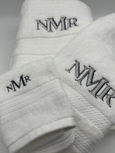 Load image into Gallery viewer, Personalized Bath Towel Set Monogramed - Embroidered 3pc. Oversized, Hand, Washcloth - Graduation, Wedding, Bridal Shower, Home warming Gift
