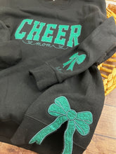 Load image into Gallery viewer, Custom Cheer Mom Sweatshirt with side bows | Personalized Keepsake- Celebrate Team Spirit with Glitter Embroidered Cheer
