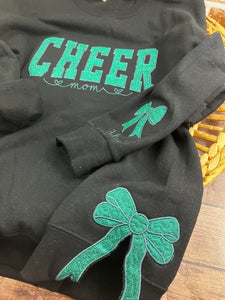 Custom Cheer Mom Sweatshirt with side bows | Personalized Keepsake- Celebrate Team Spirit with Glitter Embroidered Cheer