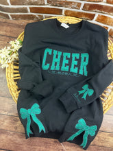 Load image into Gallery viewer, Custom Cheer Mom Sweatshirt with side bows | Personalized Keepsake- Celebrate Team Spirit with Glitter Embroidered Cheer
