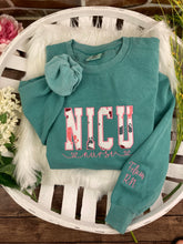 Load image into Gallery viewer, NICU Nurse sweatshirt from Baby Hospital Blanket - Labor and Delivery RN NICU - Fabric Keepsake Sweatshirts - Applique
