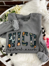 Load image into Gallery viewer, Curved NICU Nurse sweatshirt from baby hospital swaddle Blanket-  RN labor delivery  Licensed Practical, CNA,  - Fabric Keepsake Sweatshirts - Applique
