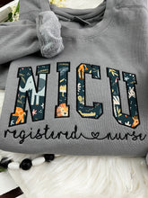 Load image into Gallery viewer, Curved NICU Nurse sweatshirt from baby hospital swaddle Blanket-  RN labor delivery  Licensed Practical, CNA,  - Fabric Keepsake Sweatshirts - Applique
