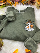 Load image into Gallery viewer, Embroidered Spooky Ghost Sweatshirt – Iced Latte &amp; Orange Beanie Cute Fall Halloween Crewneck | Cozy Autumn Vibes Jerzees - Comfort Colors

