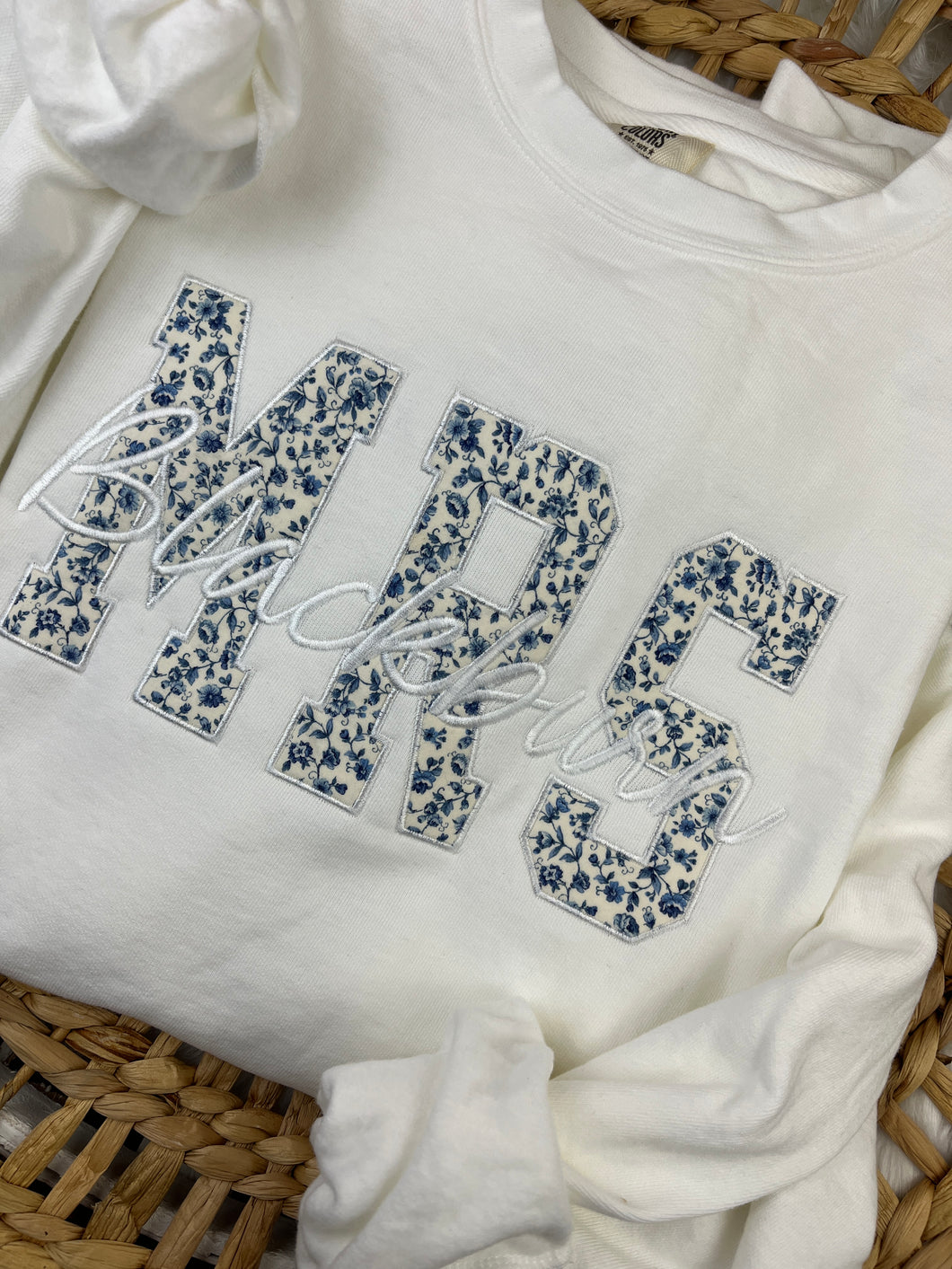 MRS Embroidered Sweatshirt with Bride’s New Last Name – Blue & Cream Monotone  – Personalized Bridal Gift, Wedding, Engagement, Honeymoon