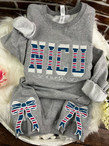 NICU Nurse sweatshirt with side bows from baby hospital swaddle Blanket-  RN labor delivery  Licensed Practical, CNA,  - Fabric Keepsake Sweatshirts - Applique