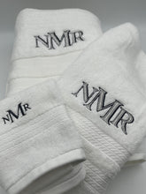 Load image into Gallery viewer, Personalized Bath Towel Set Monogramed - Embroidered 3pc. Oversized, Hand, Washcloth - Graduation, Wedding, Bridal Shower, Home warming Gift
