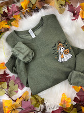 Load image into Gallery viewer, Embroidered Spooky Ghost Sweatshirt – Iced Latte &amp; Orange Beanie Cute Fall Halloween Crewneck | Cozy Autumn Vibes Jerzees - Comfort Colors
