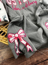 Load image into Gallery viewer, Add on item - Side Bows on sweatshirt made from Swaddle blanket or baby clothes, onesies, blankets, memory keepsake item.
