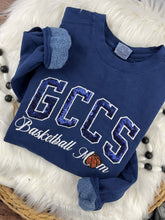 Load image into Gallery viewer, GCCS Basketball Mom Shirt | Navy Sequin GCCS | Basketball Mom Sweatshirt | Sequin Sports Mom Apparel | Custom School Spirit Wear Gloucester County Christian School
