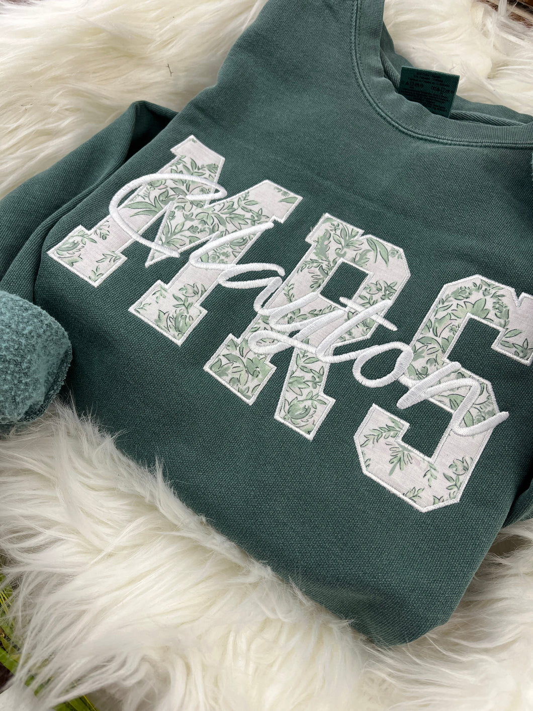 MRS Applique Embroidered Sweatshirt with Bride’s New Last Name – Sage Chinoiserie or send your wedding dress remnents – Personalized Bridal Gift, Wedding, Engagement, Honeymoon