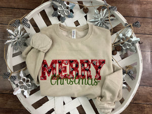 Merry Christmas Embroidery Applique Holiday Shirt- Comfort Colors Embroidered Buffalo Plaid Snowflakes