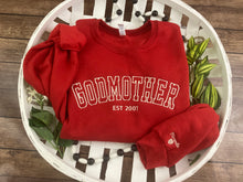 Load image into Gallery viewer, Embroidered Mama, Mommy, Godmother, Grandma Varsity Font Sweatshirts - Embroidered with names on sleeve
