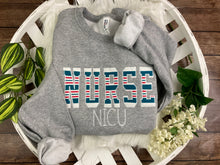 Load image into Gallery viewer, Nurse sweatshirt from baby hospital swaddle Blanket-  RN labor delivery  Licensed Practical, CNA,  - Fabric Keepsake Sweatshirts - Applique
