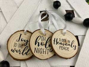 Wood Christmas Ornaments - Oh Holy Night, Sleep in heavenly peace, Joy to the World - handcrafted.