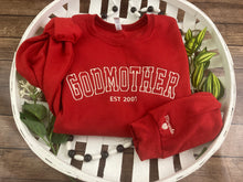 Load image into Gallery viewer, Embroidered Mama, Mommy, Godmother, Grandma Varsity Font Sweatshirts - Embroidered with names on sleeve
