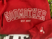 Load image into Gallery viewer, Embroidered Mama, Mommy, Godmother, Grandma Varsity Font Sweatshirts - Embroidered with names on sleeve
