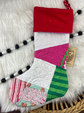 Load image into Gallery viewer, Memory Keepsake Christmas Stocking from Baby Clothes | Personalized Name Cuff | Quilted Patchwork Heirloom | Custom Handmade Gift
