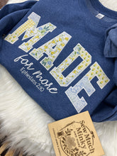 Load image into Gallery viewer, Made for More – Ephesians 2:10 | Floral Appliqué Christian Sweatshirt or T-Shirt
