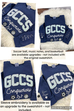 Load image into Gallery viewer, Custom GCCS Appliqué Sweatshirt | Glitter or Sequin GCCS Embroidery | Conquerors Cursive Script | Comfort Colors School Spirit Sweatshirt

