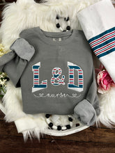 Load image into Gallery viewer, Curved L &amp; D Nurse sweatshirt from baby hospital swaddle Blanket-  RN labor delivery  Licensed Practical, CNA,  - Fabric Keepsake Sweatshirts - Applique
