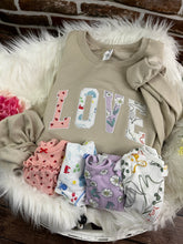 Load image into Gallery viewer, Curved LOVE  sweatshirt from Baby clothes - Onsies /Mommy / Daddy/ Grandma - Fabric Keepsake Sweatshirts - Applique from baby clothes Nana, Mimi
