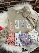 Load image into Gallery viewer, Curved LOVE  sweatshirt from Baby clothes - Onsies /Mommy / Daddy/ Grandma - Fabric Keepsake Sweatshirts - Applique from baby clothes Nana, Mimi
