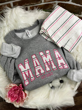 Load image into Gallery viewer, Curved MAMA Hospital Swaddle Blanket : MOM embroidered Custom Appliqué Nana -Daddy/ Grandma / Dad - Sweatshirts. Blanket supplied by us
