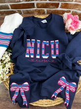 Load image into Gallery viewer, NICU Nurse sweatshirt with side bows from baby hospital swaddle Blanket-  RN labor delivery  Licensed Practical, CNA,  - Fabric Keepsake Sweatshirts - Applique
