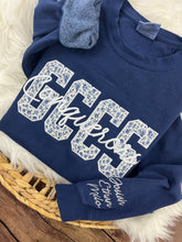 Load image into Gallery viewer, Custom GCCS Appliqué Sweatshirt | Floral Blue GCCS Embroidery | Conquerors Cursive Script | Comfort Colors School Spirit Sweatshirt
