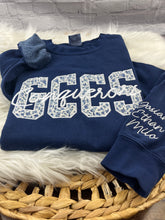Load image into Gallery viewer, Custom GCCS Appliqué Sweatshirt | Floral Blue GCCS Embroidery | Conquerors Cursive Script | Comfort Colors School Spirit Sweatshirt

