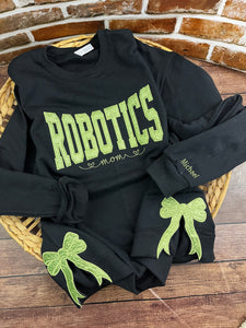 Custom Robotics Mom Glitter Sweatshirt – Embroidered STEM Team With Side Bows – Personalized Robotics Supporter Shirt – Competition Spirit Wear