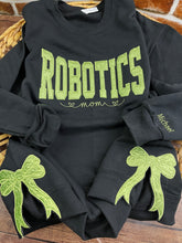 Load image into Gallery viewer, Custom Robotics Mom Glitter Sweatshirt – Embroidered STEM Team With Side Bows – Personalized Robotics Supporter Shirt – Competition Spirit Wear
