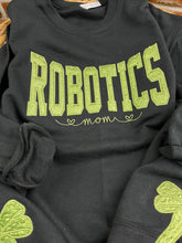 Load image into Gallery viewer, Custom Robotics Mom Glitter Sweatshirt – Embroidered STEM Team With Side Bows – Personalized Robotics Supporter Shirt – Competition Spirit Wear
