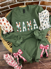 Load image into Gallery viewer, Mama sweatshirt with Side Bows from Baby clothes - Onsies /Mommy / Daddy/ Grandma - Fabric Keepsake Sweatshirts - Applique from baby clothes Nana Mimi Gigi
