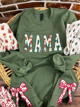 Load image into Gallery viewer, Mama sweatshirt with Side Bows from Baby clothes - Onsies /Mommy / Daddy/ Grandma - Fabric Keepsake Sweatshirts - Applique from baby clothes Nana Mimi Gigi
