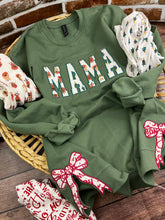 Load image into Gallery viewer, Mama sweatshirt with Side Bows from Baby clothes - Onsies /Mommy / Daddy/ Grandma - Fabric Keepsake Sweatshirts - Applique from baby clothes Nana Mimi Gigi
