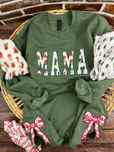 Load image into Gallery viewer, Mama sweatshirt with Side Bows from Baby clothes - Onsies /Mommy / Daddy/ Grandma - Fabric Keepsake Sweatshirts - Applique from baby clothes Nana Mimi Gigi
