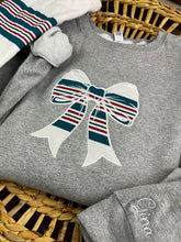 Load image into Gallery viewer, Nurse Bow sweatshirt from baby hospital swaddle Blanket-  RN labor delivery  Licensed Practical, CNA,  Fabric Keepsake Sweatshirts Applique
