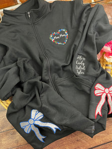 Personalized Grandma - MomMom Floral Flower Heart Grammy Embroidered 1/4 Zip-Up Sweatshirt or Full Zip Custom Gift Appreciation, Christmas,