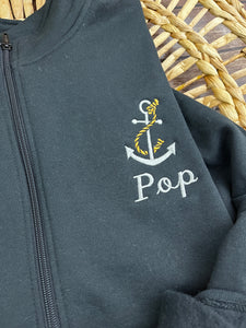 Personalized Embroidered Anchor Sweatshirt, Custom Name 1/4 Zip or Full Zip, Gift for Dad, Grandpa, Coach, Teacher, Mentor, Sports Team**