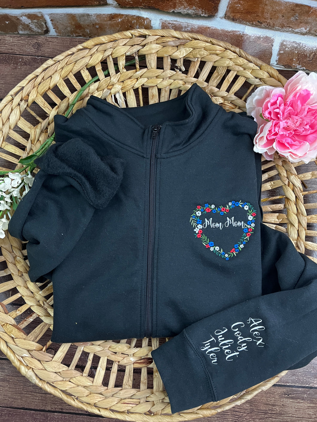 Personalized Grandma - MomMom Floral Flower Heart Grammy Embroidered 1/4 Zip-Up Sweatshirt or Full Zip Custom Gift Appreciation, Christmas,