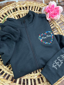 Personalized Grandma - MomMom Floral Flower Heart Grammy Embroidered 1/4 Zip-Up Sweatshirt or Full Zip Custom Gift Appreciation, Christmas,