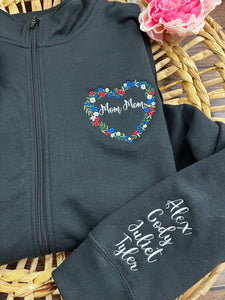 Personalized Grandma - MomMom Floral Flower Heart Grammy Embroidered 1/4 Zip-Up Sweatshirt or Full Zip Custom Gift Appreciation, Christmas,