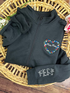 Personalized Grandma - MomMom Floral Flower Heart Grammy Embroidered 1/4 Zip-Up Sweatshirt or Full Zip Custom Gift Appreciation, Christmas,