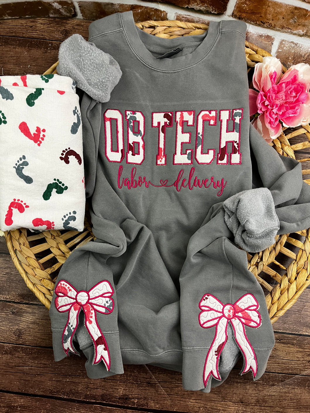 OB Tech Nurse sweatshirt with Side Bows Baby Hospital swaddle Blanket-  RN labor delivery  Licensed Practical, CNA,  Keepsake Sweatshirts