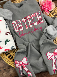 OB Tech Nurse sweatshirt with Side Bows Baby Hospital swaddle Blanket-  RN labor delivery  Licensed Practical, CNA,  Keepsake Sweatshirts