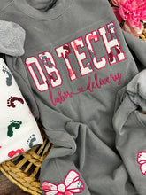 Load image into Gallery viewer, OB Tech Nurse sweatshirt with Side Bows Baby Hospital swaddle Blanket-  RN labor delivery  Licensed Practical, CNA,  Keepsake Sweatshirts
