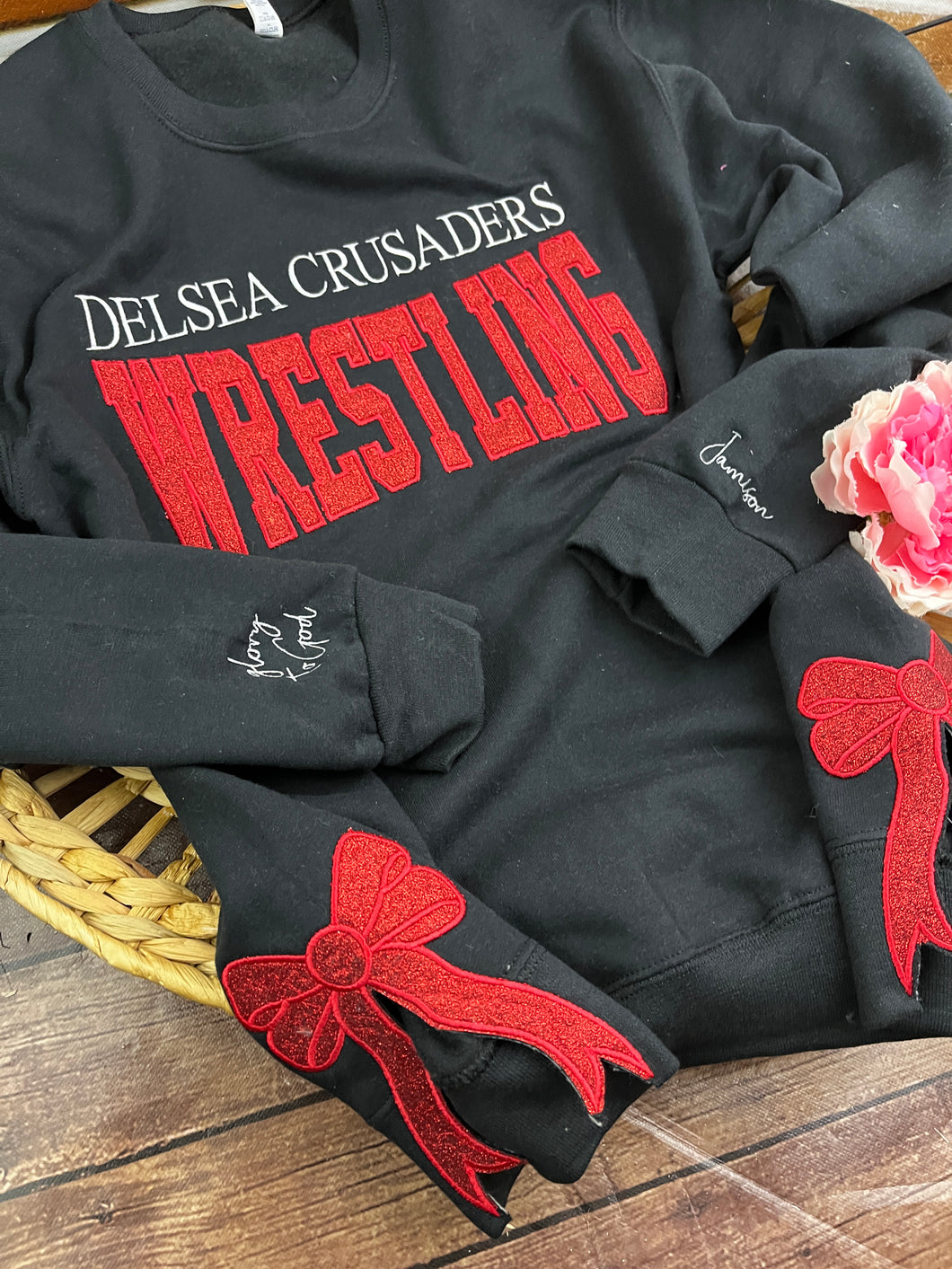 Custom School Sports Team Sweatshirt with Side Bows| Personalized Keepsake- Celebrate Team Spirit with Glitter Embroidered Wrestling, Soccer, Football